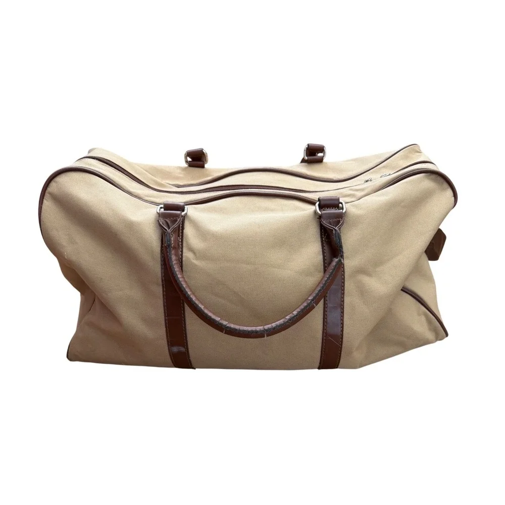 Polo Ralph Lauren Vintage Canvas Duffle Bag Tan Brown Leather Trim Weekender